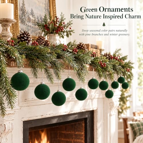 Sosation 12 Pcs Dark Green Velvet Christmas Ornaments, 3.15" Glass