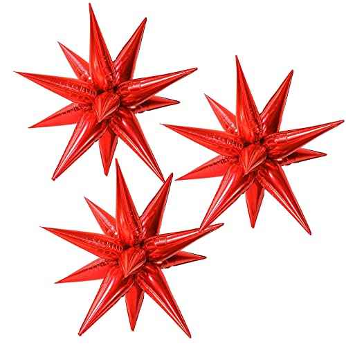 3pcs 26inch 3D Explosion Star foil balloon, christmas day red Foil Cone star burst Balloons for Birthday Wedding New Year Party Event