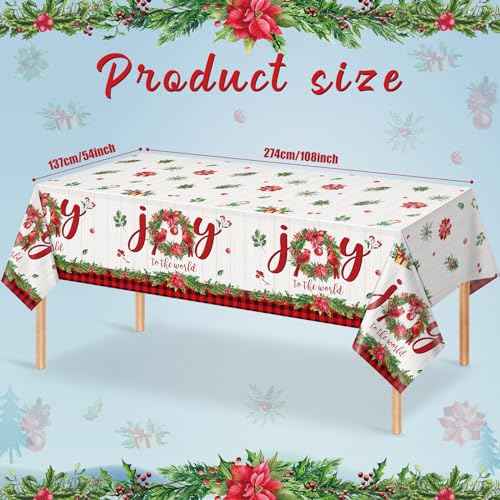 3Pcs Christmas Plastic Tablecloths, Disposable Rectangle Holly Garland Table Covers Joy to The World Poinsettias and Holly Berry Table Cloth for Xmas Winter Party Decorations and Supplies,54x108inch