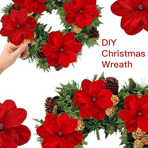 Sggvecsy 10Pcs Red Christmas Glitter Magnolia Flower Ornaments Artificial Poinsettia for Holiday Decor