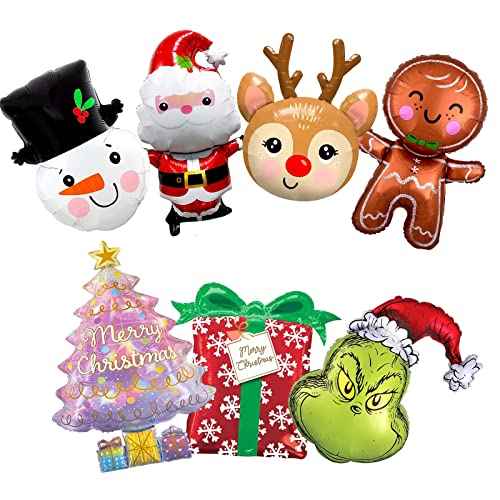 7PCS Large Christmas Aluminum Foil Balloons Santa Claus/Snowman/Reindeer /Gingerbread Man/Tree Balloons for Christmas New Year Decor Winter Theme Carnival Party Decoration