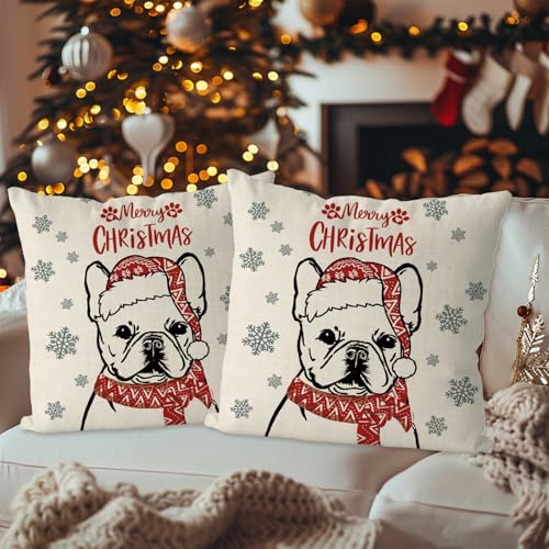 French Bulldog Christmas Pillow Covers 18x18 Inch Set of 2 Holiday Decor