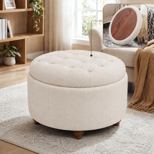 25" Round Ottoman with Storage, Small Coffee Table Reversible Tray Lid
