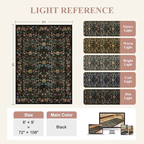 6x9 Vintage Floral Area Rug - Washable Faux Wool Living Room Carpet - Black