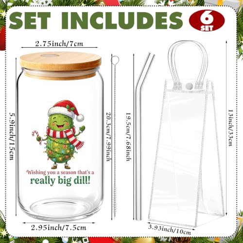 Maxdot 6 Set Christmas Pickle Glass Cups with Lids, Straws & Bags - 16 oz, Pickle Theme