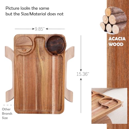 Nnewvante Acacia Wood 2-Pack Couch Armrest Tray with Cup Holders & Phone Stand – Clip-On Sofa Table