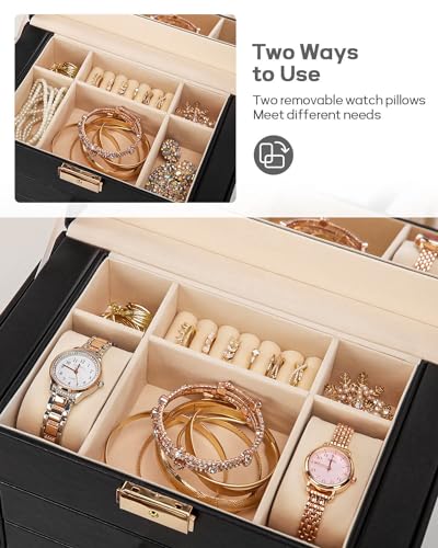 Large Jewelry Box for Women with Lock - 5-Layer Organizer, Black & Gold
