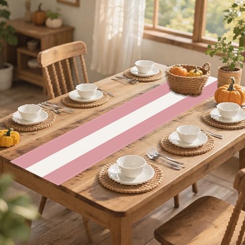 Pink White Stripes 2025 Seasonal Christmas & Spring Table Runner, 13x72 Inches
