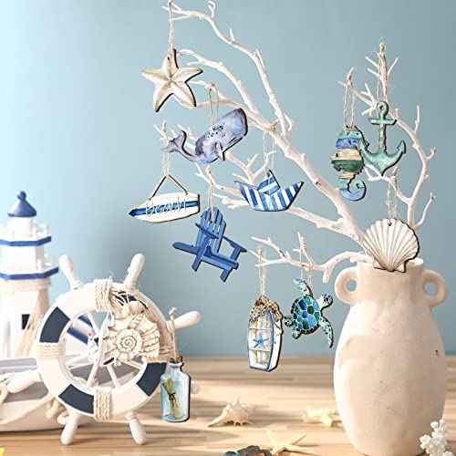 Maitys 36 Pcs Beach Christmas Wooden Ornaments Ocean Xmas Tree Decorations Coastal Nautical Seaside Wood Cutouts Navigation Hanging Ornaments Xmas Decorations for Home Tree Small Crafts(Beach Sea)