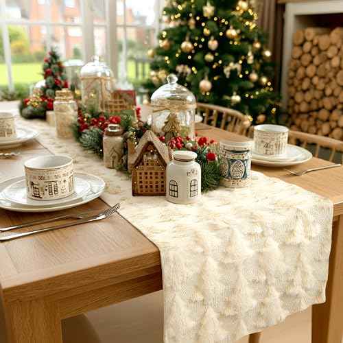 Christmas Table Runner 13x72 Inch, Christmas Trees Table Decorations for Kitchen Dinning, Indoor Outdoor Dinner Party Decor (Beige)