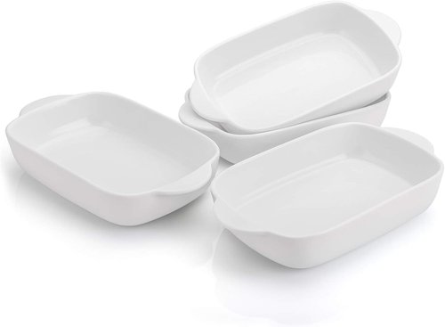 Foraineam Bakeware Set - 4 White Porcelain Baking Dishes | 7.5 x 5 Inch Rectangular Pans for Cooking & Banquets
