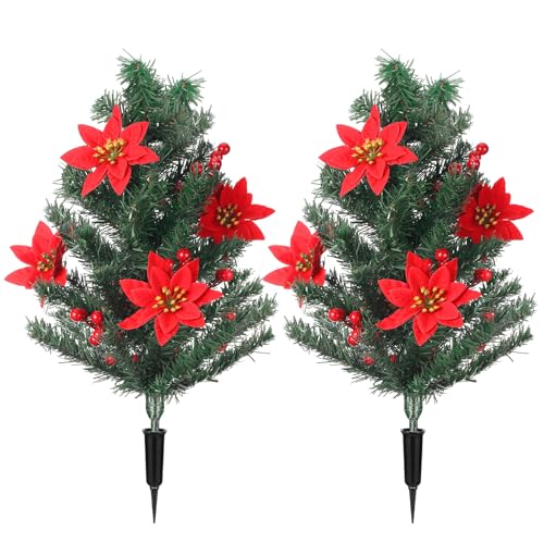 Giegxin 2 Pack Cemetery Christmas Tree with Poinsettia - 24 Inch Holiday Memorial Decor