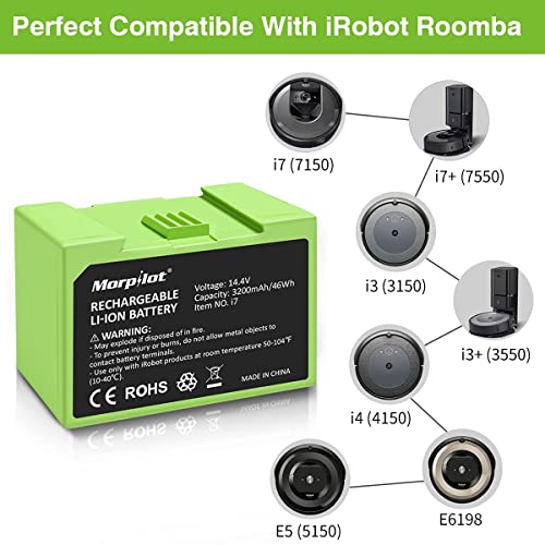 Morpilot 14.4V 3200mAh Green Battery Replacement for iRobot Roomba i7+i7+ i8 i6 i4 i3+ E Series