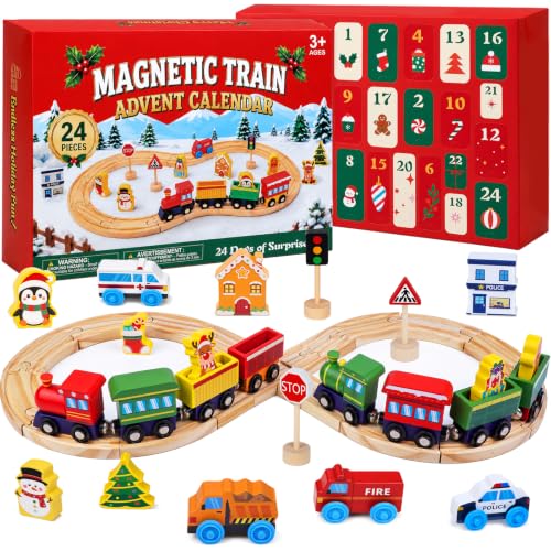 Red-Train Advent Calendar 2026 for Kids Wooden Magnetic Train Set with Tracks