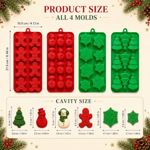 Christmas Silicone Molds 4-Pack Gingerbread Tree Snowflake Snowman Candy Chocolate Mold Set