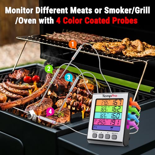 TempPro TempTrack Digital Meat Thermometer with 4 Color-Coated Probes - Accurate BBQ & Cooking
