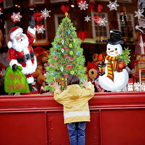 Christmas Window Clings Decorations: 3 Sheets Extra Large Santa Claus Snowman Window Clings with Snowflakes, Watercolor Rustic Xmas Stickers for Kids Home Office School Winter Holiday D?cor