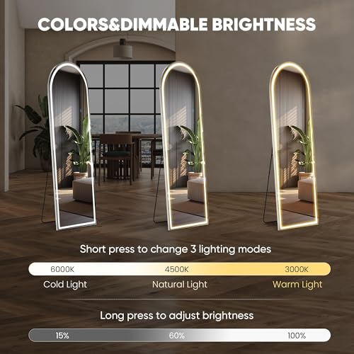 White Arched LED Full Length Floor Mirror 60x16 Inch Modern Full Body Wall Mirror