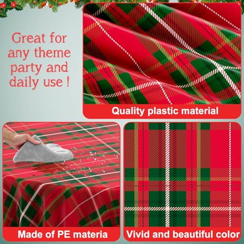 Jectivs 3-Pack 84 Inch Christmas Buffalo Checkered Plaid Disposable Tablecloths - Red & Green Holiday Party Supplies