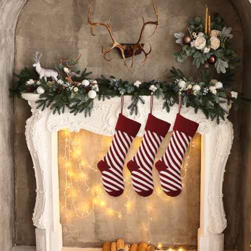 Christmas Stockings Hanging Ornaments Xmas Knitted Socks for Fireplace, Winter Red Stripes Hanging Stocking for Home Christmas Decorations Gifts