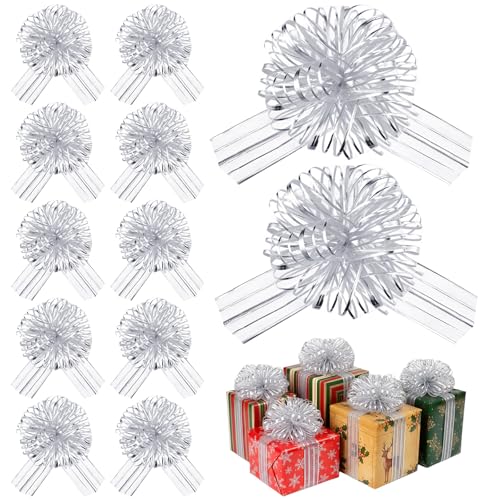 Poen 8 Inch Silver Gift Wrapping Bow - 12 Large Organza Ribbon Bows