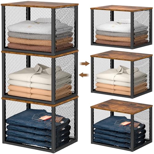 Black 3-Pack Stackable Closet Organizers with Wooden Top, Multi-Use Storage Bins