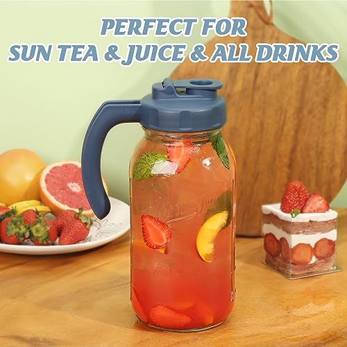 Glass Mason Jar Pitchers with Lids - 2 Quart Set in Navy & Yellow, Leak-Proof Drink Containers