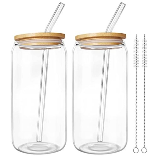 ARTIBETTER 18Oz Glass Water Cups with Bamboo Lids and Glass Straws 2-Pack Clear Reusable Drinking Cups for Coffee Tea and Cold Beverages
