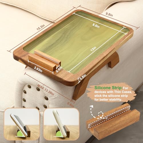 SINWANT Acacia Wood Couch Arm Tray 15.35x9.84 in Clip-On Sofa Table with Phone Holder