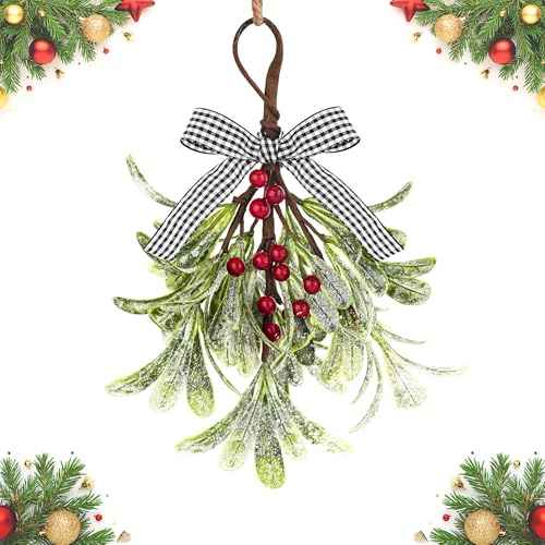 Mistletoe Christmas Decor, Artificial Hanging Mistletoe Picks with Plaid Bow Red Berries,Like Real Christmas Kissing Ball Ornaments for Kitchen Doorway Tree Decorations