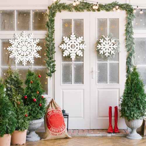 Wooden Large Snowflake Ornaments Sign Christmas Decorations 3Pack, Wood Hollow White Snowflakes Crafts Winter Hanging Plaques Decorations 3 Size of Cutouts New Year Wall Bedroom Living Room Decoration
