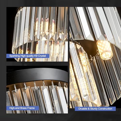 Black 12.6-Inch Crystal Ceiling Light Fixture - 4-Light Modern 2-Tier Chandelier