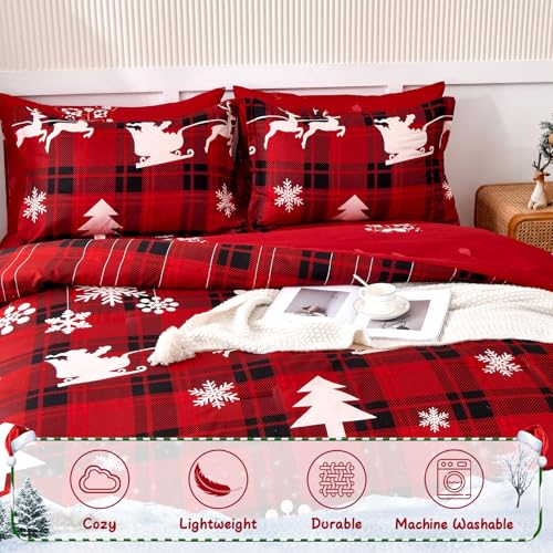 Luxudecor Christmas Queen Comforter Set 7 Pieces, Red Buffalo Plaid