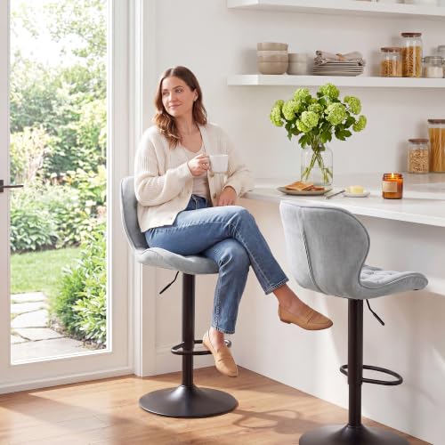 Grey Set of 2 Adjustable Swivel Bar Stools with Backrest - Modern Chenille Fabric
