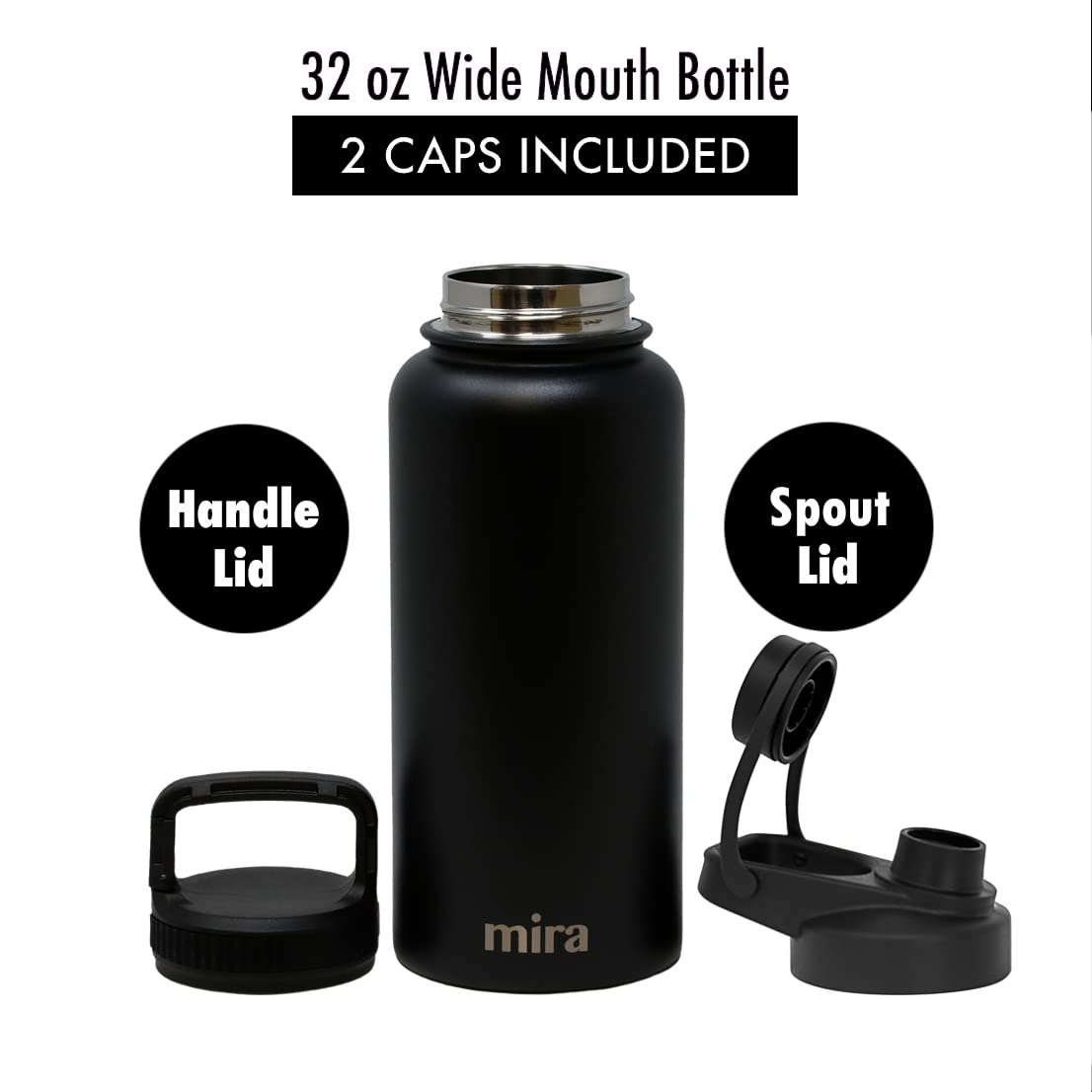MIRA 32 oz Insulated Sports Bottle - Stainless Steel Temperature Control Thermo - Easy-Drink Spout (24Hr Cold/12Hr Hot) - Black