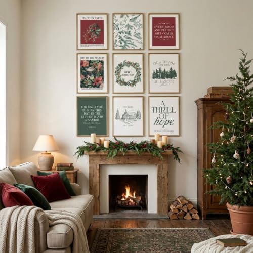 Beayum 9Pcs Vintage Christmas Wall Art 12x16 – Green & Red Bible Verses Unframed Prints