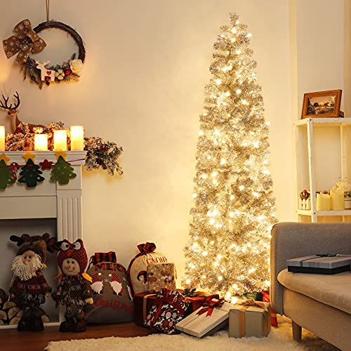 Decoway 6ft Slim Christmas Tree with 200 Warm White LEDs – Pre-lit, Silver