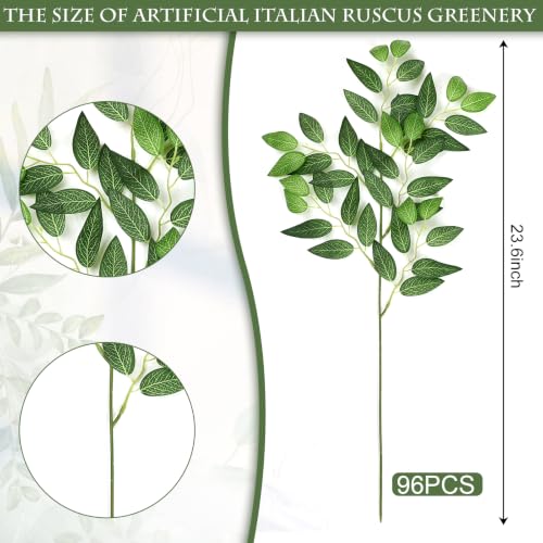 Dark Green 96 PCS Artificial Italian Ruscus Greenery Stems - Faux Silk Foliage for Wedding & Decor