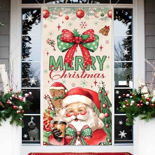 Christmas Door Cover,Santa Claus and Bow Door Cover Red Gingerbread Man Christmas Decorations,Merry Xmas Porch Banner Background,Hanging Banner for Xmas Holiday Eve New Years Party