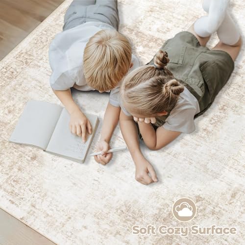 Washable 6x9 Area Rug Beige Vintage Boho Medallion Non-Slip Soft Low Pile for Living Room