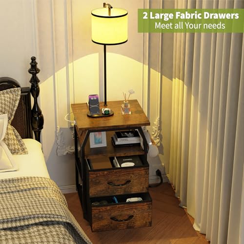 Runjuly Rustic Brown Floor Lamp with Table and Charging Station - 2 Drawers