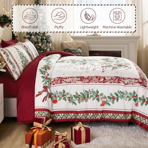 Dinjoy Christmas Comforter Set Queen 7-Piece Red Tree Holiday Bedding, 90x90