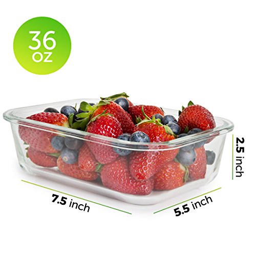 Glass Meal Prep Containers 36oz 5 Pack - 1 Compartment, Airtight Lids