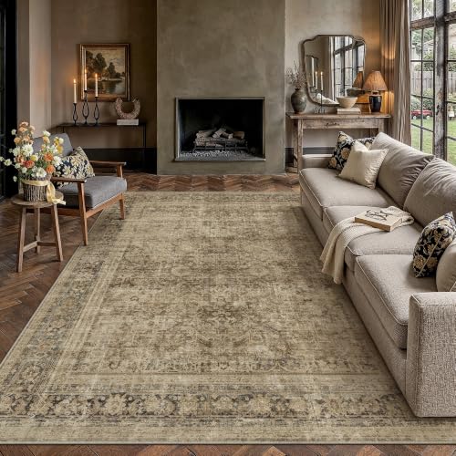 Accent Brown 8x10 Area Rug - Washable Vintage Neutral Living Room Carpet