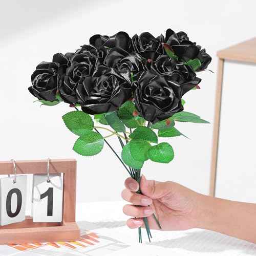 100Pcs Pre-Shaped Satin Ribbon Petals, DIY Forever Rose Making Supplies for Wedding Decor, Christmas, Mother's Day Gifts (Black)