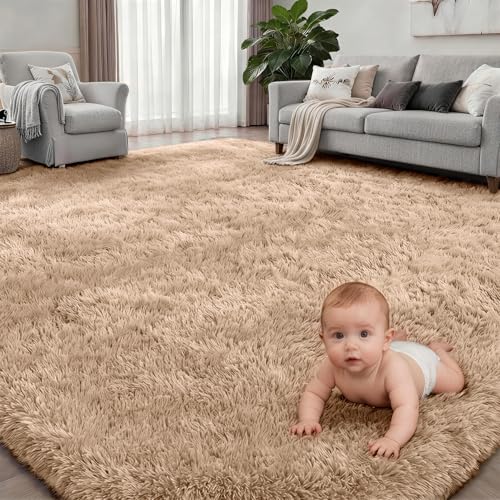 Luxturiy Beige 9x12 Area Rug - Plush Shag Carpet for Living Room & Bedroom