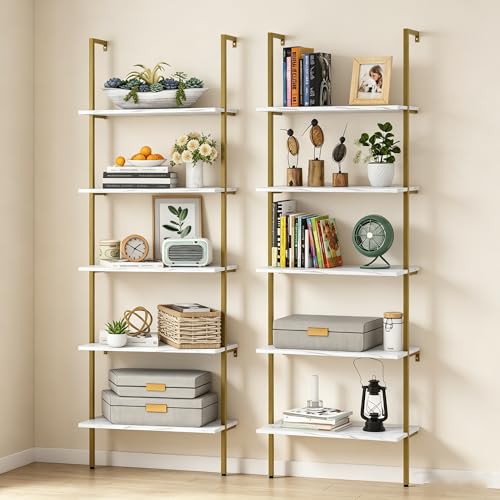 Wall Mount Ladder Shelf 5 Tiers White Marble Finish 2-Piece Modern Bookcase
