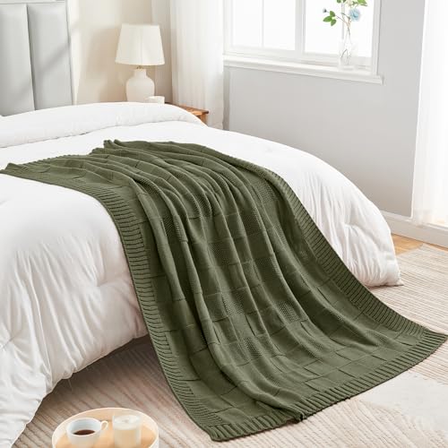 Olive Green Knitted Checkered Throw Blanket 50x60 Inches - Cozy & Stylish