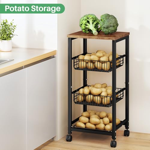 Fruit Basket Stand with Pull-Out Vegetable Baskets - 11.8"D x 15.7"W x 33.7"H, Black