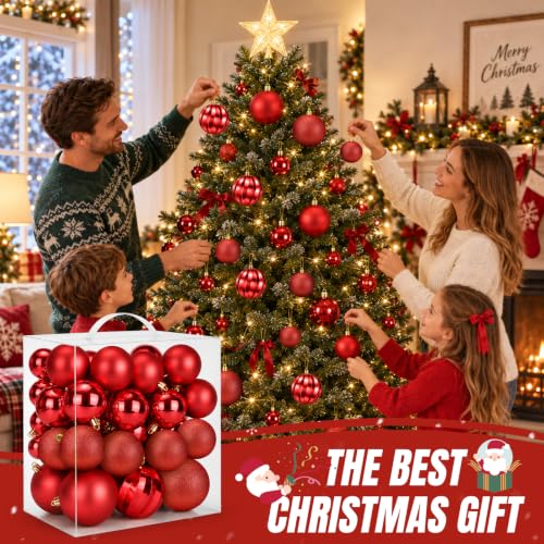 54pcs Red Christmas Ball Ornaments Set - Shatterproof, 3 Sizes, Assorted Finishes